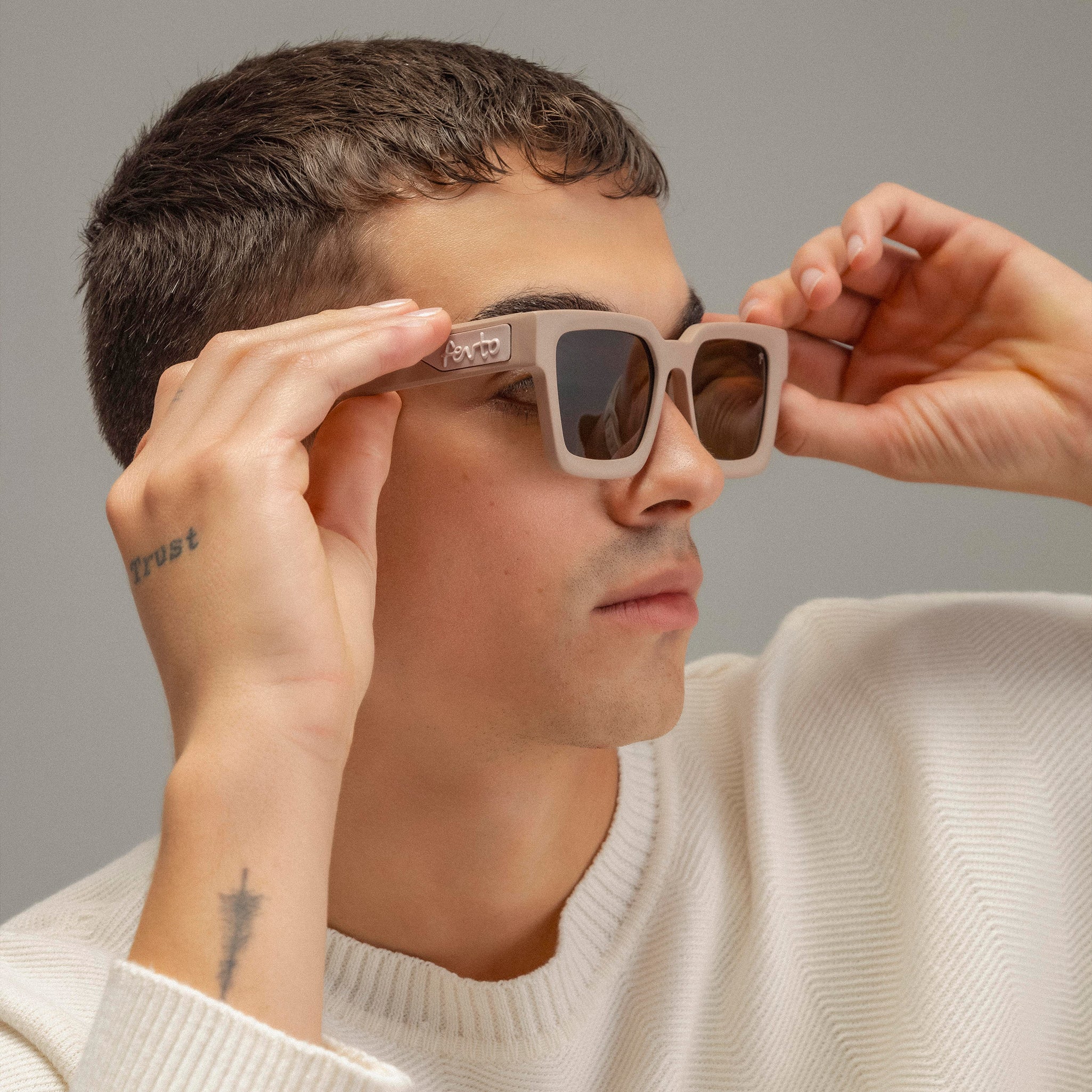 New Bilbao by Fento – trendy beige eyewear with bold design and a clean silhouette.